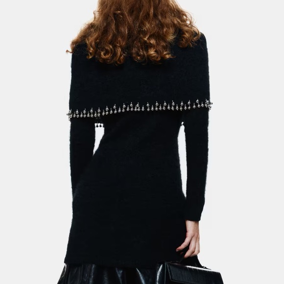 H&M NWT beaded trim black mohair knit cape detail long sleeve mini dress